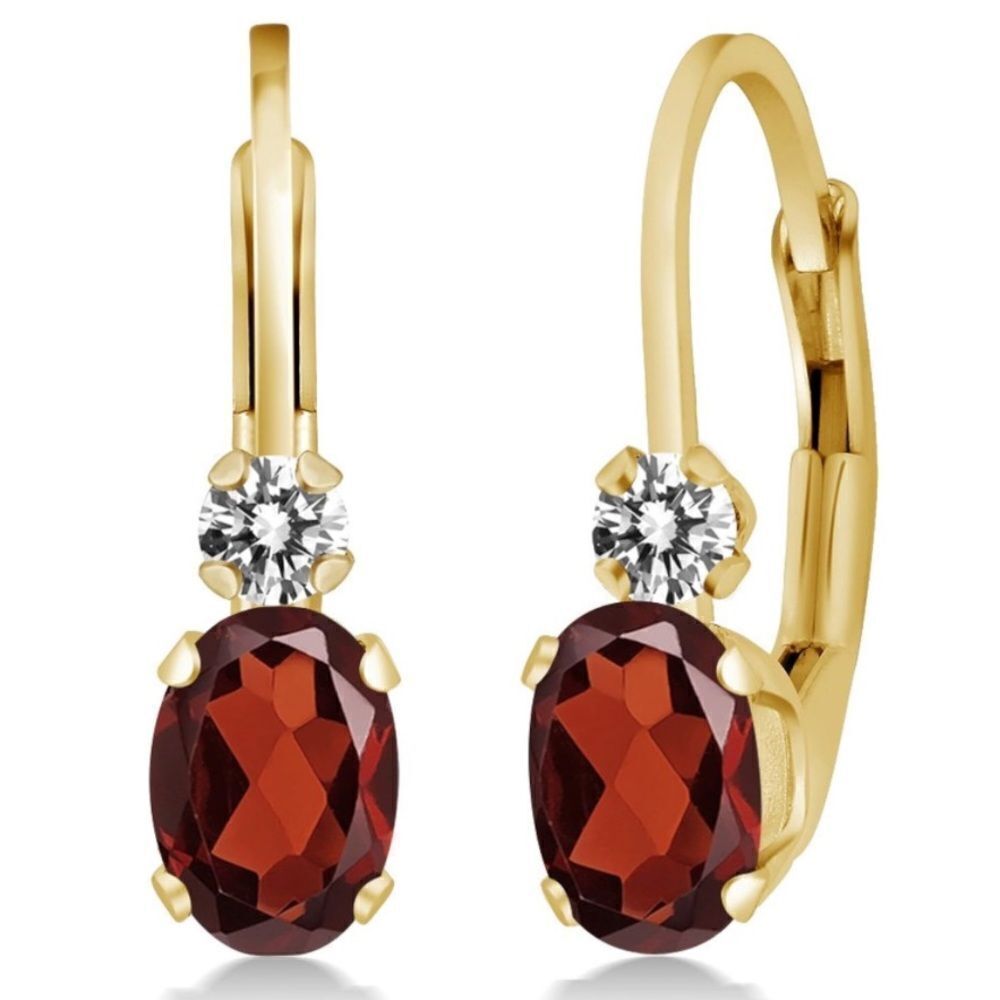 14K Yellow Gold with 1.07 Cttw Garnet and White Diamond Leverback Drop Earrings